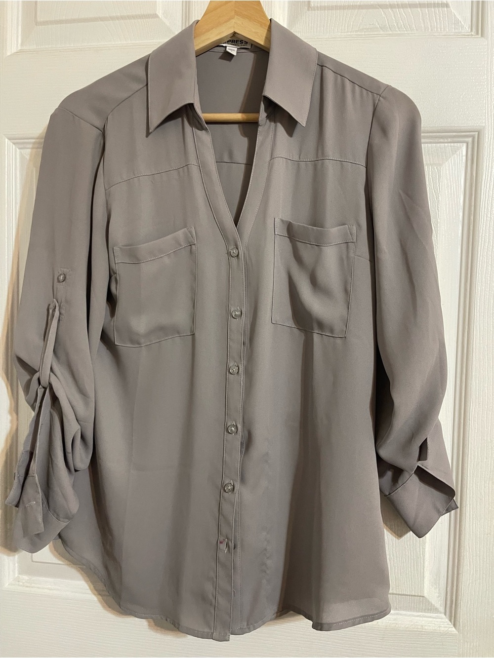 Express Light Gray Button-Down Blouse
